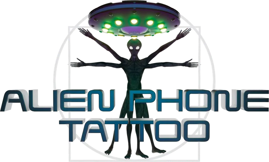 Alien Phone Tattoo logo — a grey alien in a Vitruvian pose beneath a glowing UFO