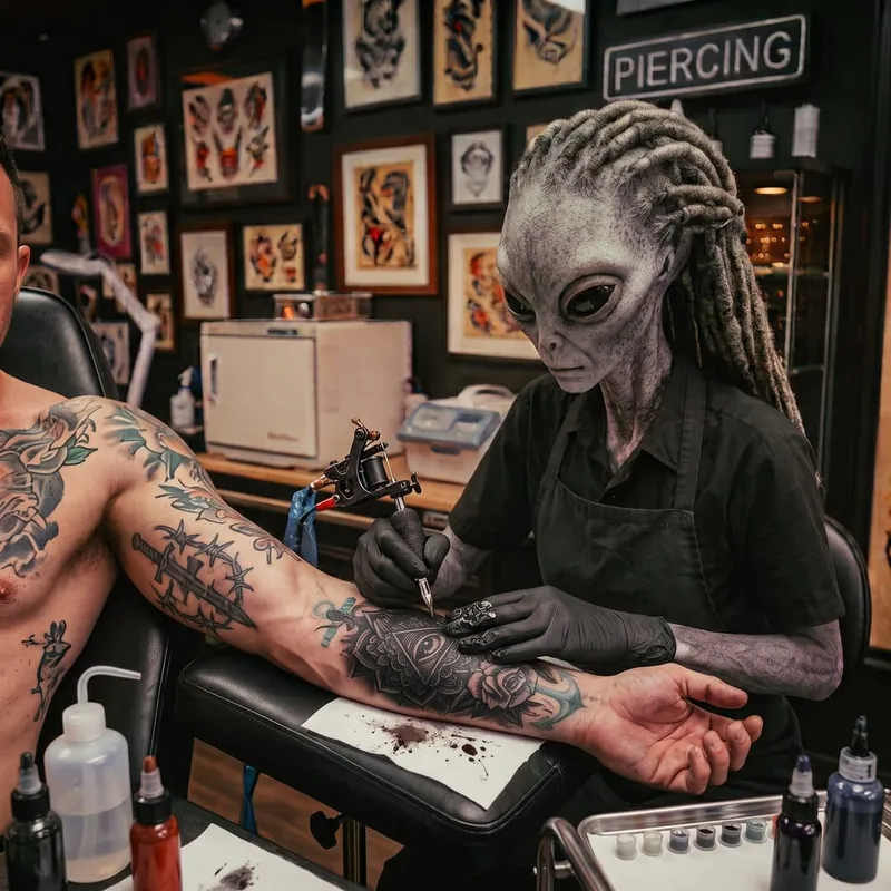 Alien Phone Tattoo artist tattooing over a client's existing arm tattoos in the studio