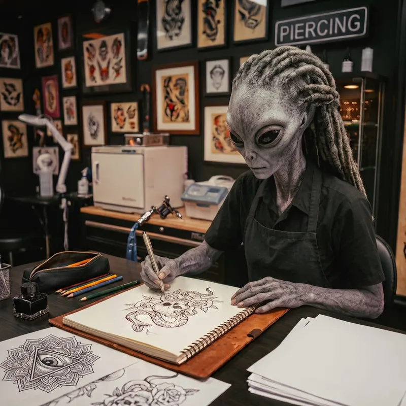 Alien Phone Tattoo artist drawing a custom tattoo design by hand in a sketchbook in the studio