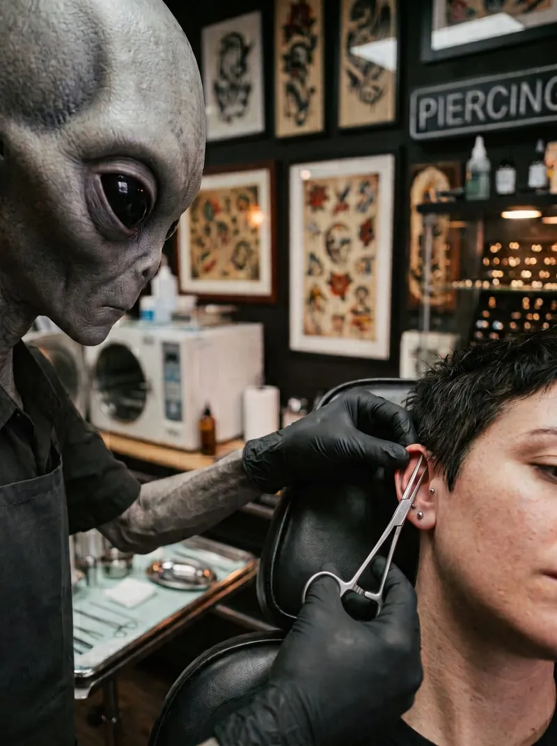 Alien Phone Tattoo piercer performing an ear piercing on a client with sterile forceps in the studio