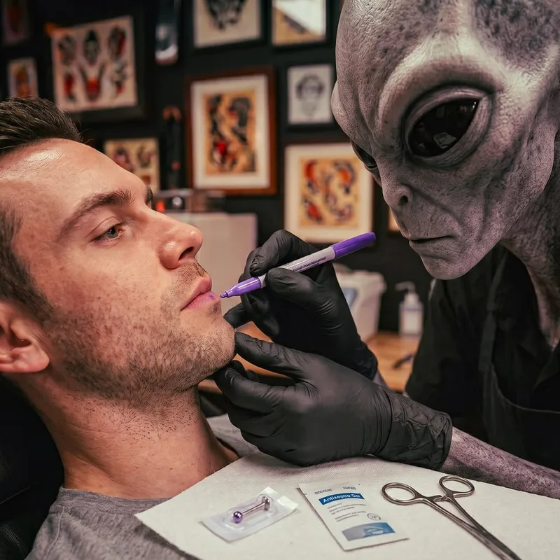 Alien Phone Tattoo piercer marking a lip piercing placement on a client with sterile jewelry laid out in the studio