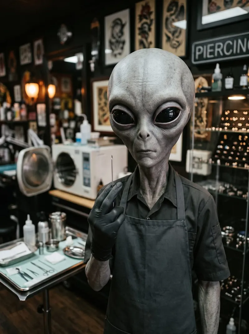 Alien Phone Tattoo piercer in gloves holding a sterile single-use piercing needle beside an autoclave and tool tray