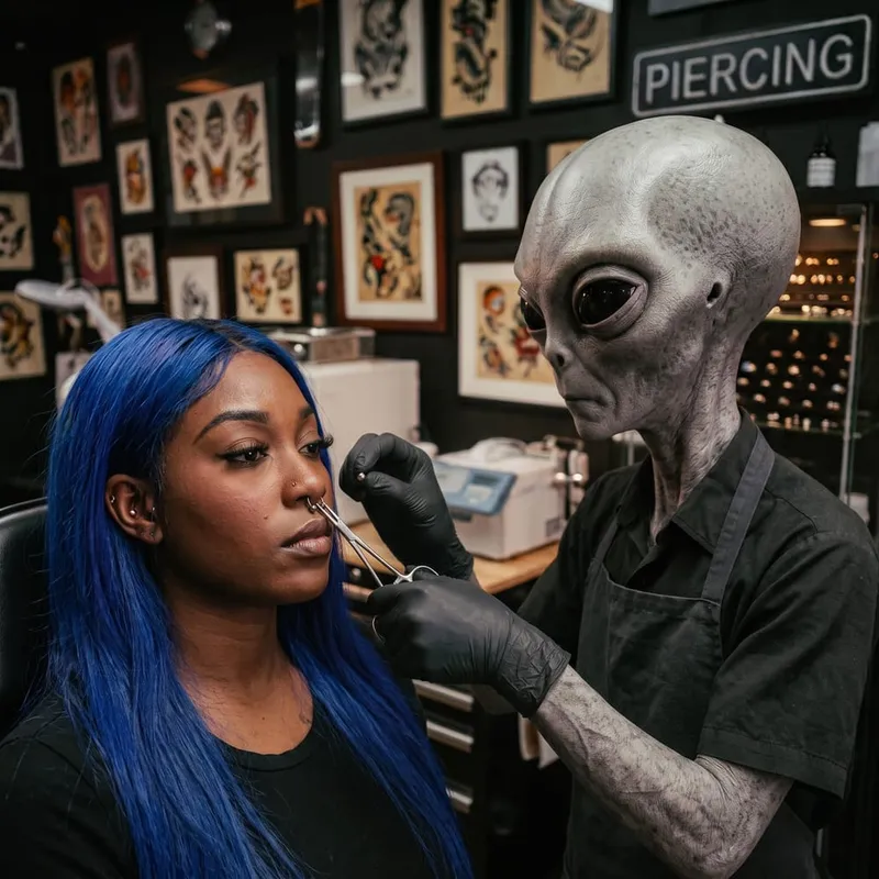 Alien Phone Tattoo piercer placing a septum piercing on a client with sterile forceps in the studio