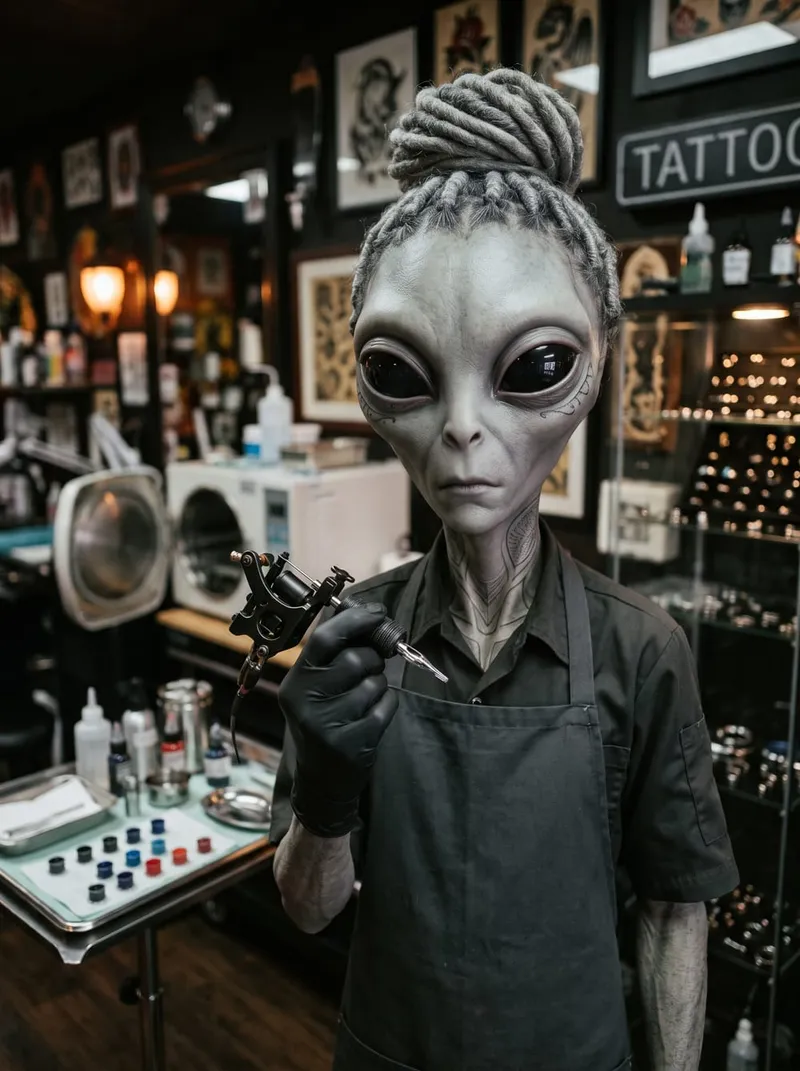 Alien Phone Tattoo artist in gloves holding a rotary tattoo machine beside ink caps in the studio
